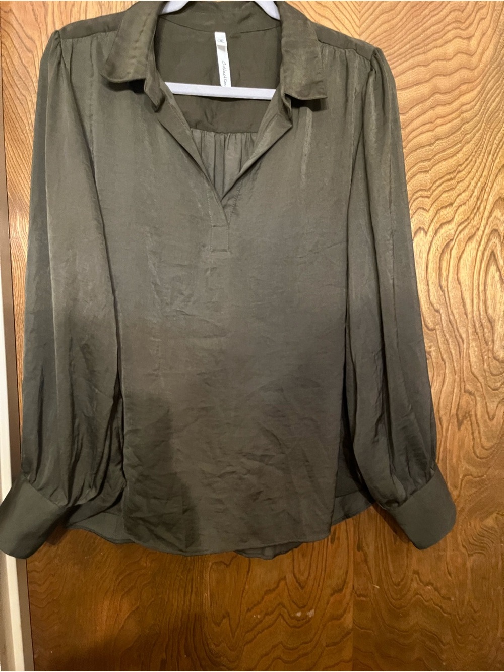 NY Collection Olive Green V-Neck Long Sleeve Blouse